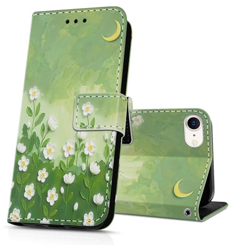 DiaryTown Handyhülle für iPhone 8 / iPhone 7 Hülle Lederhülle Klapphülle Stoßfest Schutzhülle Flip Case Cover Brieftasche iPhone SE 2020 / iPhone SE 2022 5G Handytasche - Z-Grüne Gelbe Blume Ölgemälde