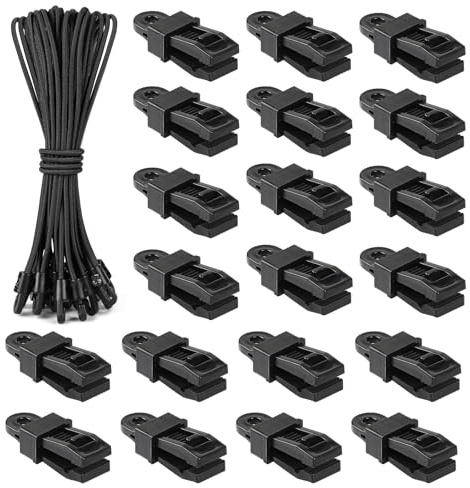 LALAGO 20 Stück Spanngummi mit Haken 25cm + Planenclips, Schwarz | Expander mit Haken, Planenspanner mit Tarp Clips für Zeltgummis, Planen, Netze, Banner, Camping und Anhängerplane