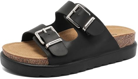 Foinledr Pantolette Femme Confortable en Liège Sandales Réglables à Double Boucle, Chaussons Antidérapants avec Semelle Épaisse en Simili Cuir pour Été