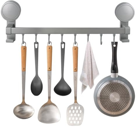 Anseom Hakenleiste Küche Ohne Bohren mit Saugnapf, Küchenutensilienhalter mit 8 Bewegliche Haken, 40 cm Abnehmbare Wiederverwendbare Saughaken für Küchen & Badezimmer Aufbewahrung (Grau)