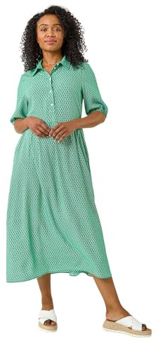 Roman Originals Shirt Dress for Women UK- Ladies Long Sleeve Belted Collared Midi Maxi Winter Autumn Smart Casual Button Through Evening Office A Line Swing Skater - Petite Geo Green - Size 14