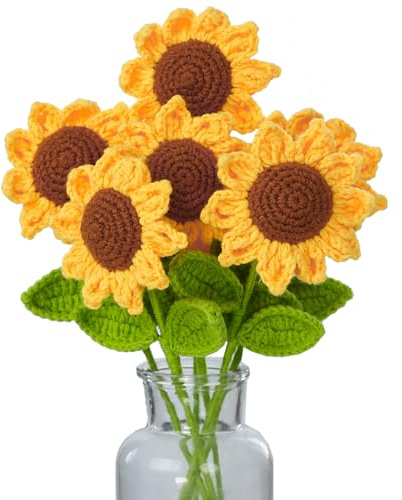 YouYuer 5 Stück Gehäkelte Blumen Sonnenblumen Häkelblumen Handgefertigte Gestrickte Künstliche Blume Sonnenblume für Muttertag Mädchen Geschenk Hochzeit Bouquet Jahrestag Valentinstag Frauen Tag