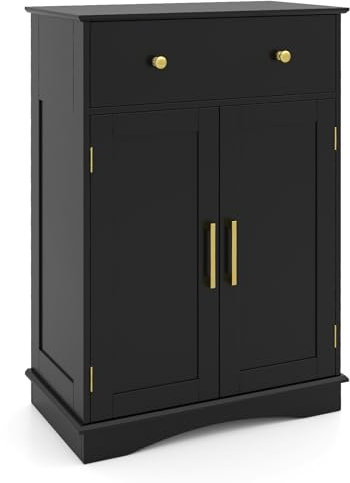COSTWAY Bathroom Floor Cabinet, Freestanding Storage Cupboard with Drawer, 2 Doors and Adjustable Shelf, Modern Wooden Bathroom Unit Side Cabinet for Living Room Hallway Kitchen, 56x30x80cm (Black)