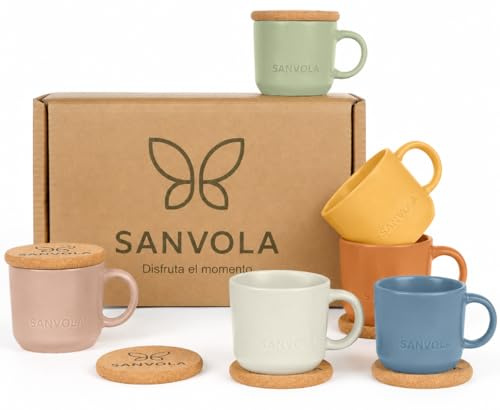6 tazas desayuno 350 ml, juego de tazas de cafe de gres cerámico mate con tapa-posavasos de corcho 2 en 1, aptas para microondas y lavavajillas, ideales como tazas cafe con leche y tazas de te