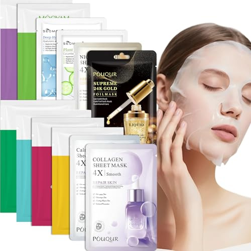 12 Pièces Masques Tissus Hydratants, Masque Visage,Soins pour le Visage,Pour une Peau Éclatante,Amélioration de l'Élasticité,Convient à Plupart les Types de Peau pour Femmes