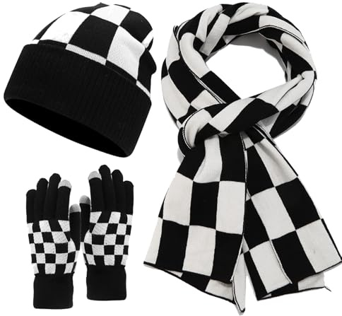 HAWILL 3 Teiliges Mütze Schal Set Damen Beanie Mütze Wintermütze Karierte Mütze Frauen Geschenkset Winter Strickmütze Thermo Laufmützen für kaltes Wetter
