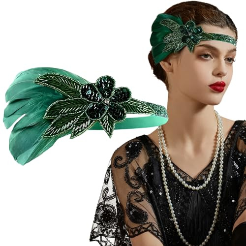 Ypkia 1920er Jahren künstlichen Feder Stirnband Damen 20er Jahre Flapper Charleston Haarband Great Gatsby-Stil für Party Karneval Fasching Kostüm Accessoires (Grün)