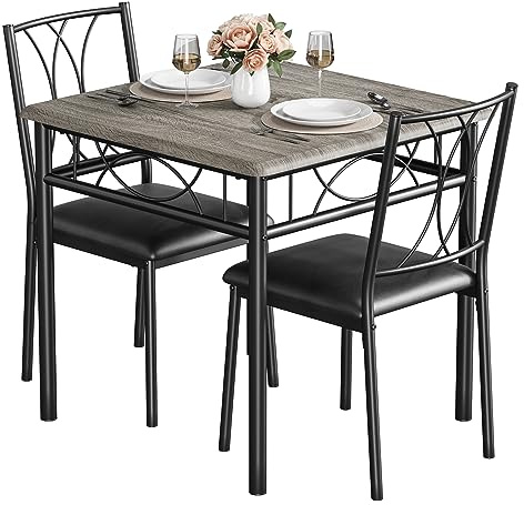 GarveeHome 3-teiliges Esszimmerset für 2 Personen, Quadratisches Holz-Metall-Esstischset mit 2 gepolsterten Stühlen, Landhausgrau – Ideal für kleine Räume & Wohnungen