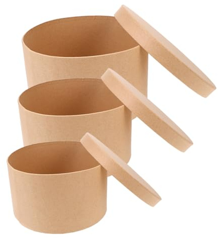 Kraftpapier Geschenkboxen mit Deckel 3 Stück, Runde | Stabiler Khaki Karton, Stapelbar, für Malen, Partys, Süßigkeiten und Kleine Schätze