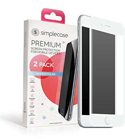 simplecase Protector de pantalla de cristal blindado compatible con Apple iPhone 7 Plus, cobertura total del 100%, protección óptima, dureza 9H, color blanco, 2 unidades