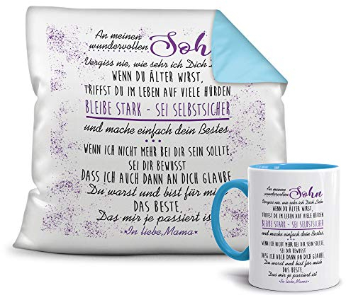 Geschenkset von der Mama für den Sohn - Tasse und Kissen - Himmelblau/Verwandte/Geschenk-Idee/Liebling/Familie