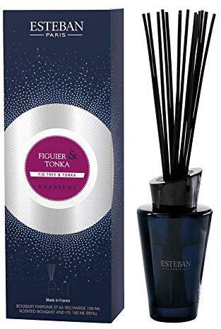 Esteban Elessens Bouquet Profumato Figuier & Tonka Fico & Tonka Vaso in Vetro con ricarica da 150 ml e bacchettine in rattan nere Novità