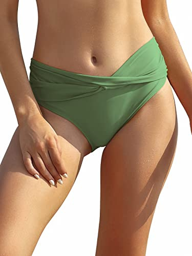 SHEKINI Maillot de Bain Femme Mid-Waisted Bas de Bikini Triangle Classique Bas de Maillot de Bain Devant Plissé Ruched Moderate Coverage Maillot de Bain（M，Vert Olive）