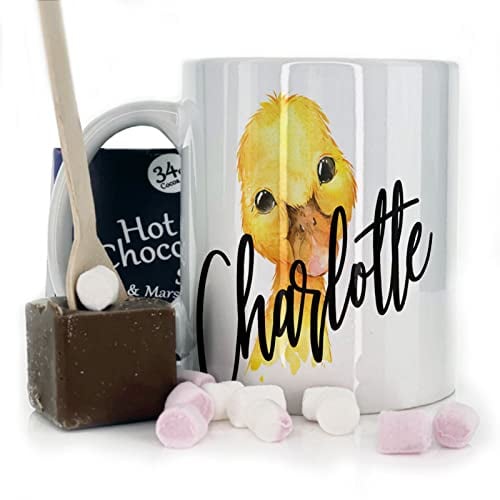 Hairyworm Personalised Mug and Belgian Milk Chocolate/Hot Chocolate Stirrer Marshmallow Gift Set, Custom Name (11oz) White, Yellow, Blue, Black, Pink Mug with Name on Yellow Duckling Print Design