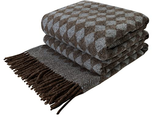 LYHome 100% LambsWool Blanket - Large Throw, Sofa & Bed Bedspread, Single Double Throws, Soft Warm Blankets for Winter Travel Picnic & Camping 55x79 in, 140x200 cm, Blue - Brown Scandinavian Rhombus