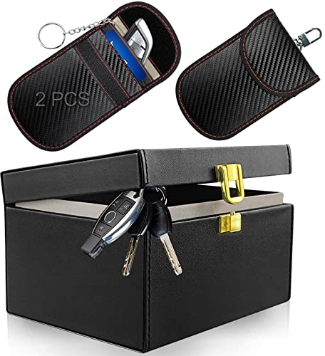 Faraday Box for Car Keys Fob Protector Box Keyless Entry Key Fob Signal Blocker Box RFID Box for Car Keys Fob Protector for Car Theft Prevention Key Box OBD Blocker (1 Single Lock+2 Pouch)
