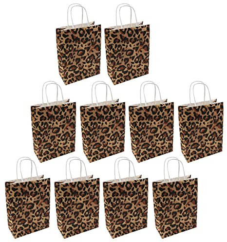 Mewutal 10 Stück Geschenktüten mit Leopardenmuster, braune Papiertüten, exquisite Basteltaschen für Party, Geburtstag, Hochzeit, Geschenk, mit Hnadle (220 × 160 × 80 mm)