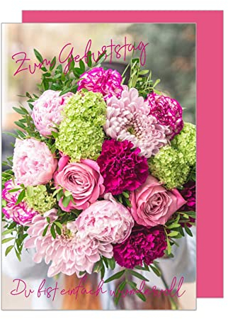 Edition Seidel Premium Geburtstagskarte mit Umschlag. Glückwunschkarte Grusskarte Billet Happy Birthday Mann Frau Kind Zum Geburtstag Blumenstrauß Pastell Rose Karte (G3317 SW023)