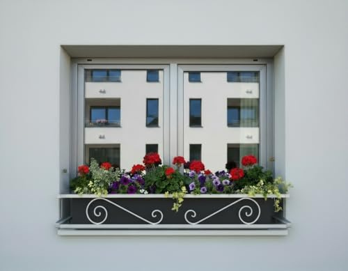 CM Garden - Balconcillo para Macetas Extensible 100-140 cm, Balconcillo para Plantas, Portamacetas Ventana, Protector de macetas, Modelo Volutas, Gris