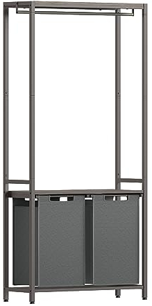 VASAGLE Wäschekorb mit Garderobenständer, Wäschesammler mit 2 Fächer, 73 x 33 x 177 cm, Kleiderständer, Wäschebox, Wäschesack ausziehbar abnehmbar, 2 x 46 L, greige meliert-schiefergrau BLH231G02