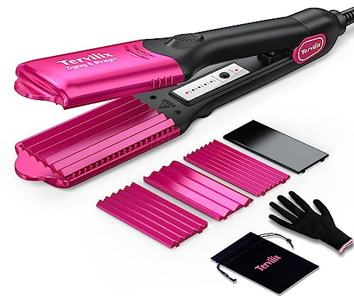 Terviiix Crimper Hair Iron with 4 Interchangeable Plates, Keratin & Argan Oil Infused Hair Crimper for Women, Volumizing Crimping Iron for Thin Fine Hair, 5 Heat Settings & 60 Mins Auto Off, Pink