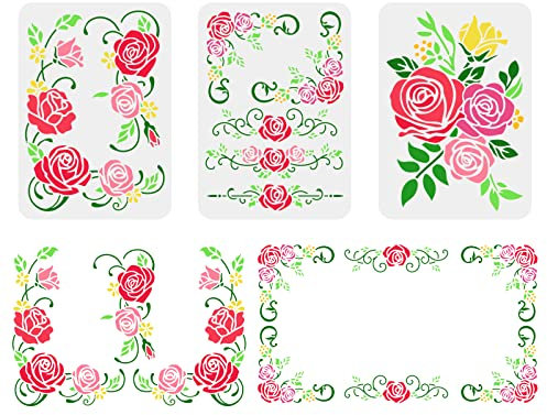 FINGERINSPIRE 3 STÜCKE Rose Blumen Rebe Malerei Schablone 29.7x21 cm Aushöhlen Floral Rose Handwerk Schablonen Wiederverwendbare Bordüre Spitze Dekoration Pflanzenblätter Schablone Für Wand, Fliesen