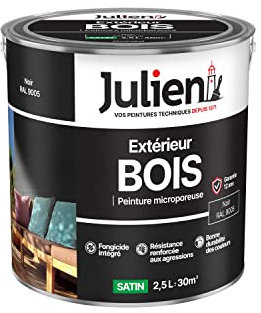 Julien Peinture Bois Microporeux Extérieur Satin - Portes, fenêtres, portails, mobilier de jardin - Noir 2,5 L