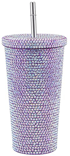 Diamant-Bling-Becher mit Nieten - 17 Oz/500 Ml Isolierter Edelstahl-Strass-Becher mit Deckel und Strohhalm, Kristall-Schaf-Design, Party für Damen und Herren (Lila)
