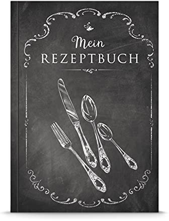 MEIN REZEPTBUCH Kochbuch zum Selberschreiben, Softcover, Besteck schwarz Kreidetafel, liniert, Inhaltsver., A5, PEFC zertifiziertes Papier