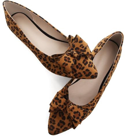 SAILING LU Womens Pointed Toe Ballet Flats Cute Bow-Knot Comfortable Loafers Business Slip On Dressy Walking Shoes, J163-leopard Brown, 8.5 UK