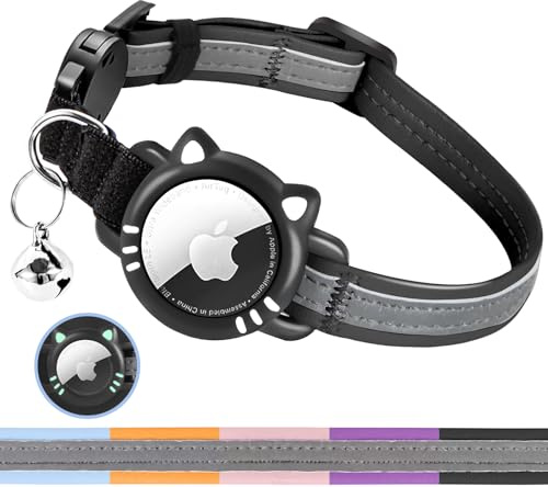 AgoumLux Airtag Katzenhalsband, GPS Tracker Katze Halsband für Apple Air Tag, Reflektierend Katzenhalsband mit Sicherheitsschnalle, Katzenhalsband, Schwarz, XS(17.5-23 cm)