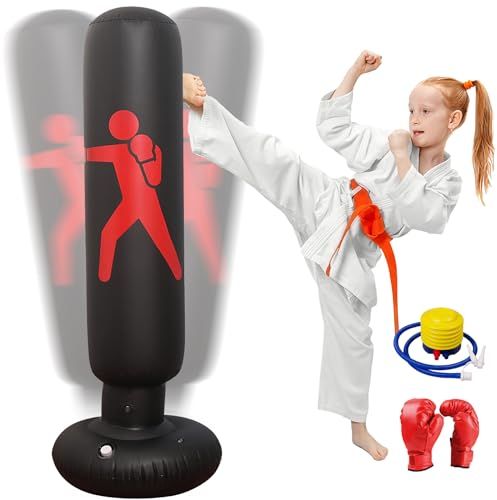 Oziral Boxsack Kinder, Aufblasbarer Boxsack,160cm Boxsack Stehend, Standboxsack mit Luftpumpe und Boxhandschuhen für Karate Kickboxen, Trainingsausrüstung, Geschenk (Schwarz)