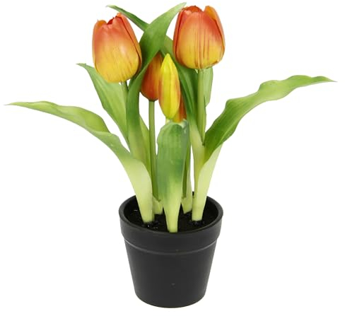 Flair Flower Künstliche Tulpen im Topf Real-Touch Blüten Frühlingsdeko Osterdeko Tulpe Tulpenstrauß Latex Kunsttulpe Einzelblumen Kunstblumen Blumen Tischdeko Dekoration Stielblume Seidenblume, orange