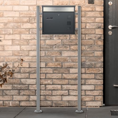 ECD Germany Boîte aux Lettres sur Pied, Anthracite-Argent, 36x11,5x31,5 cm, Acier INOX, Mailbox avec Plaque Nominative, Design Poteau, 2 Clés, Support Argent Métallique, 120 cm, Kit de Montage Inclus