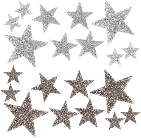 alwaiiz 20 Stück Sterne Zum Aufbügeln, 8/6/4 cm Strass Aufnäher Sterne, Geeignet für Kleidung, Rucksäcke und Jeans, Silber Weiß + Mineralgrau