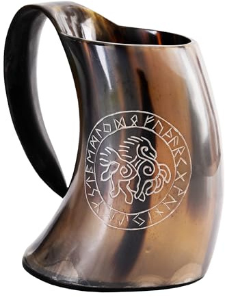 Battle-Merchant Wikinger Bierkrug, Sleipnir Motiv, ca. 800ml | Hornkrug Graviert, Lebensmittelecht, Naturhorn, Poliert, Rinderhorn, Mittelalter, Met, Becher, Reenactment, LARP