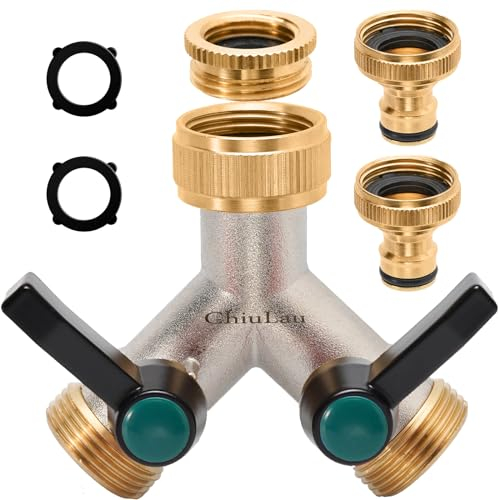 ChiuLau 2-Wege Verteiler mit 3/4 Zoll Messing Schlauchanschluss, 1/2 und 3/4 Y Wasserverteiler Verlängerter Griff um Anschluss von 2 Geräten, Separatem Schalter, Gartenschlauch Wasserhahn Adapter