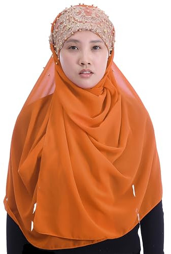 Lina & Lily Damen Hijab Kopftuch aus Chiffon mit Goldenen Pailletten & Glitzer & Perlen (Orange)