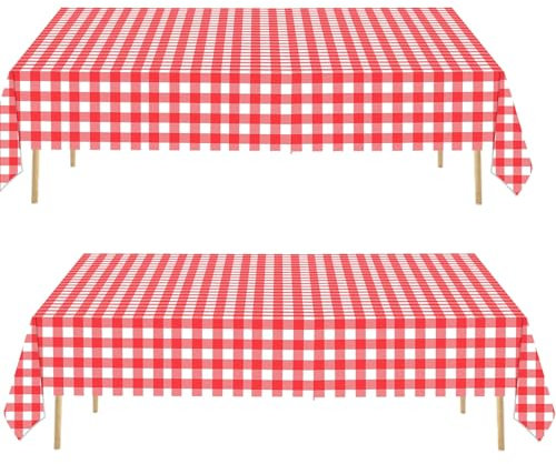 Lot de 2 nappes à carreaux vichy rouges et blancs - 137 x 274 cm - Faciles à nettoyer - En PVC - Jetables - Pour fêtes, barbecue, pique-nique, anniversaire, mariage