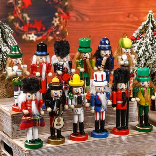 Yalikop 12 Pcs Christmas Nutcracker 5 Inches Wood Nutcracker Ornaments Nutcracker Figures Wooden Nutcracker Hanging Decorations for Tabletop Christmas Tree Hanging Decorations