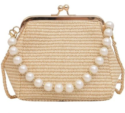 TOFBS Strandtasche Damen Sommer Stroh Clutch Klein Abendhandtasche Vintage Strohtasche mit Abnehmbarer Kette Handtasche Crossbody Tasche für Strand Urlaub Reisen (Khaki)