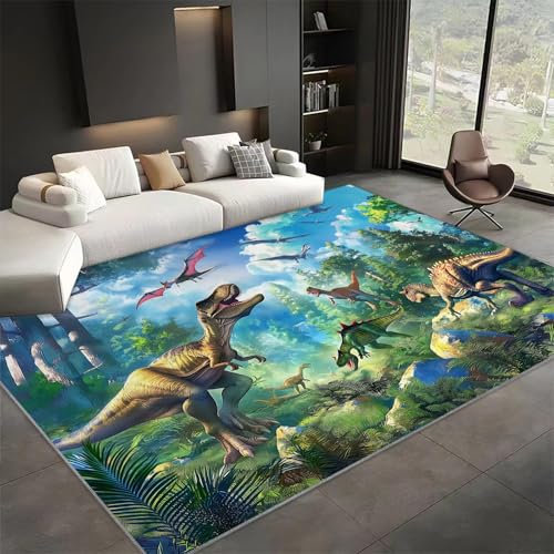 Teppich Wohnzimmer 80x150 cm Teppich Schlafzimmer Dinosaurier Wald Grün Teppich Waschbar in Waschmaschine, Teppich Kurzflor Carpet Weicher Teppich für Wohnzimmer Schlafzimmer kinderzimmer