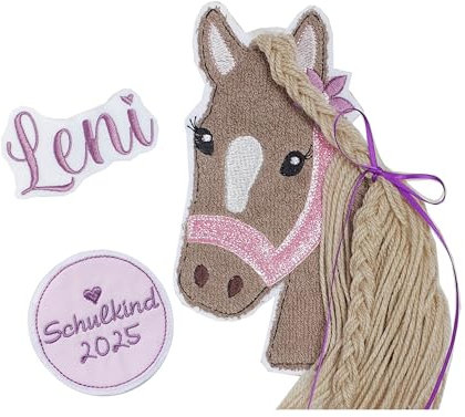 Applikation Aufnäher Schultüte 3D Pferd mit Mähne Set 3 Teilig Pony Mädchen Flicken Patch Button Filz Handmade in braun mit rosa Glitzerhalfter gestickt mit Wollmähne
