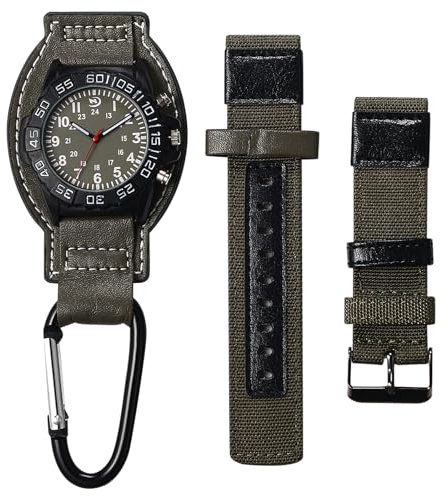 JewelryWe Uhr mit Karabiner und Canvas-Armband 2er Set: Herren Analog Quarz Militär Sport Armbanduhr Karabineruhr mit abnehmbarem Canvas Stoff Armband Schmuckset Clip on Fob Uhr Armbanduhr Dual Use