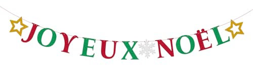 Joyeux Noël Guirlande Bannière Banderole Flocon de Neige Étoile Paillette Lettre Personnalisée Rouge Vert Banderole Merry Christmas Suspendu Décoration DIY pour Maison Extérieur Fête Noël Nouvel An