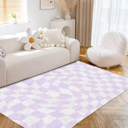 JGGXHM Lila Karierter Teppich Funky Lila Dekor Teppich Schlafzimmer Wohnzimmer Teppich Moderner Teppich Plüsch Trendy Lila Akzent Teppich Innen 50x80cm Teppich läufer