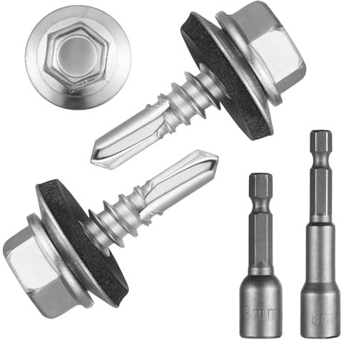 MirraSwit 150 Pezzi 4.8×17mm Viti Autofilettanti per Metallo Con Presa Esagonale, Viti Autofilettanti con Guarnizione, Tetto con Rondella di Tenuta per Coperture Lastre Ondulate (Argentato)
