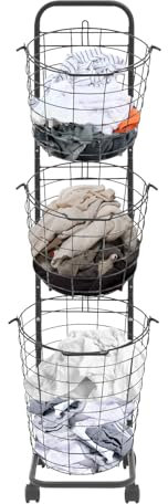 Wäschesortierer Wäschesammler 3 fächer, Wäschekorb Metall Fahrbar Wäschesammler schwarz mit Griffen Aufbewahrungskörbe, Wäschewagen, Wäschebehälter für Kleidung und Spielzeug