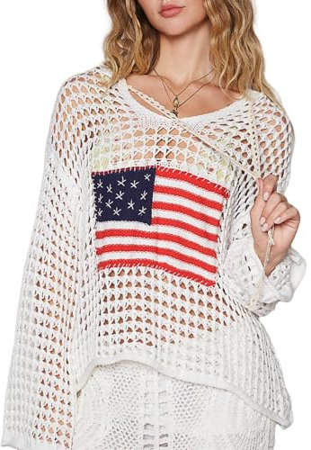 Suéter de ganchillo con la bandera americana para mujer, manga larga, hueco, ligero, con capucha, para verano, playa, salida de baño, Blanco, S