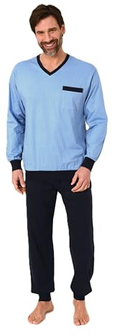 Normann Herren Schlafanzug lang mit Bündchen - Pyjama im edlen Minimal-Print und V-Hals